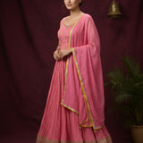 Bubblegum Pink Georgette Anarkali Set With Scattered Buttis