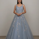 Powder Blue Net Bridal Ball Gown With Floral Embroidery & Beadwork