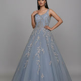 Powder Blue Net Bridal Ball Gown With Floral Embroidery & Beadwork