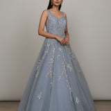 Powder Blue Net Bridal Ball Gown With Floral Embroidery & Beadwork