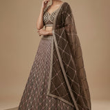 Deep Brown Silk Bridal Lehenga Choli With Geometric Embroidered Pattern & Net Dupatta