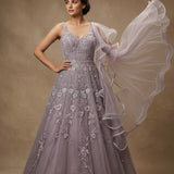 Lavender Mauve Net Embroidered Bridal Gown With Ruffled Dupatta