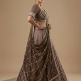 Deep Brown Silk Bridal Lehenga Choli With Geometric Embroidered Pattern & Net Dupatta