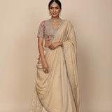 Beige And Gold Woven Silk Bridal Lehenga Set With Embroidered Blouse
