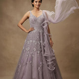 Lavender Mauve Net Embroidered Bridal Gown With Ruffled Dupatta