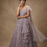 Lavender Mauve Net Embroidered Bridal Gown With Ruffled Dupatta