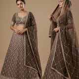 Deep Brown Silk Bridal Lehenga Choli With Geometric Embroidered Pattern & Net Dupatta