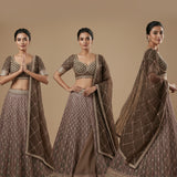 Deep Brown Silk Bridal Lehenga Choli With Geometric Embroidered Pattern & Net Dupatta