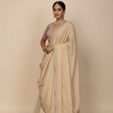 Beige And Gold Woven Silk Bridal Lehenga Set With Embroidered Blouse