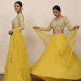 Sunshine Bloom Embroidered Georgette Lehenga Set - Floral Choli With Printed Dupatta & Tassels
