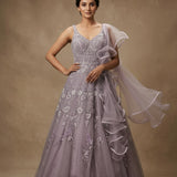 Lavender Mauve Net Embroidered Bridal Gown With Ruffled Dupatta