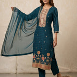 Teal Georgette Embroidered Straight Cut Suit With Floral Border