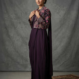 Deep Purple Georgette Anarkali Set With Floral Embroidered Short Jacket & Draped Skirt