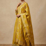 Mustard Yellow Silk Anarkali Set With All Over Design And Weaving Work