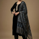 Black Velvet Straight Cut Suit With Ajrakh Print Dupatta