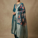 Teal Silk Embroidered Straight Cut Suit With Floral Print Dupatta