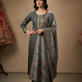 Grey Chanderi Woven Straight Cut Suit With Floral Border Dupatta