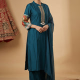 Teal Silk Embroidered Straight Cut Suit With Mandarin Collar