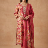 Pink Silk Blend Salwar Set With Floral Design And Embroidered Work