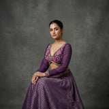 Deep Purple Crepe Lehenga Choli With Embroidered Floral Bustier & Striped Skirt