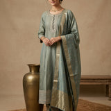 Sage Green Cotton Straight Kurti With Embroidered Round Neckline & Gold Border Dupatta