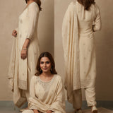 Beige Silk Blend Salwar Set With Butti Design And Embroidered Work