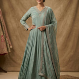 Sage Green Silk Anarkali Set With Butti Design And Embroidered Border Highlight