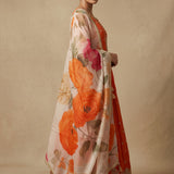 Bright Coral Orange Silk Anarkali Set With Embroidered Yoke & Multi-Floral Printed Dupatta