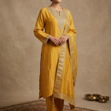 Mustard Yellow Silk Embroidered Straight Cut Suit With Border Highlight