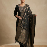 Black Silk Salwar Set With Woven Border Highlight And Embroidered Work