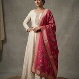 Cream Beige Cotton Anarkali Set With Embroidered Round Neckline & Red Floral Printed Dupatta