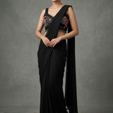 Jet Black Georgette Drape Saree With Embroidered Mirror Work Blouse