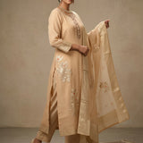 Beige Silk Salwar Set With Floral Design And Embroidered Work