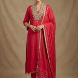 Red Silk Salwar Set With Embroidered Work And Border Highlight