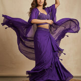 Deep Royal Purple Georgette Lehenga Choli With Embroidered Sweetheart Neckline & Flowing Shawl