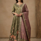Sage Green Tissue Anarkali Set With Embroidered Round Neckline & Burgundy Printed Dupatta