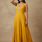 Bright Golden Yellow Cotton Anarkali Set With Embroidered Round Neckline & Gold Border Dupatta