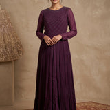 Deep Purple Georgette Anarkali Gown With Embroidered Geometric Neckline & Pleated Skirt
