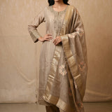 Beige Tissue Woven Straight Cut Suit With Floral Booti Dupatta