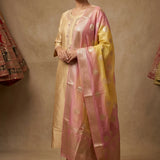 Gold Tissue Woven Straight Cut Suit With Pink Border Dupatta