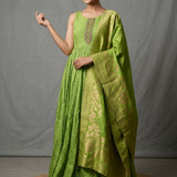 Bright Lime Green Silk Anarkali Set With Embroidered Round Neckline & Paithani Woven Dupatta