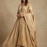 Beige Silk Anarkali Set With Butti Design And Woven Border Highlight