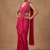 Deep Fuchsia Pink Georgette Drape Saree With Embroidered Geometric Blouse