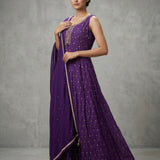 Deep Purple Silk Anarkali Set With All-Over Gold Butti Embroidery & Embroidered Dupatta