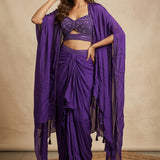 Deep Royal Purple Georgette Lehenga Choli With Embroidered Sweetheart Neckline & Flowing Shawl