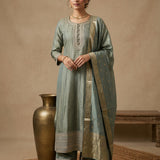 Sage Green Cotton Straight Kurti With Embroidered Round Neckline & Gold Border Dupatta