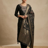 Black Silk Salwar Set With Woven Border Highlight And Embroidered Work