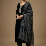 Black Velvet Straight Cut Suit With Ajrakh Print Dupatta