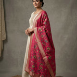Cream Beige Cotton Anarkali Set With Embroidered Round Neckline & Red Floral Printed Dupatta