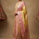 Gold Tissue Woven Straight Cut Suit With Pink Border Dupatta